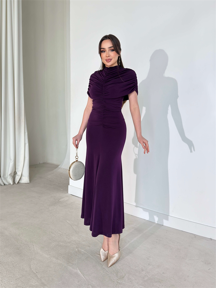 Drapeli Pelerin Dikim Viner Mor Kadın Elbise 26Y003