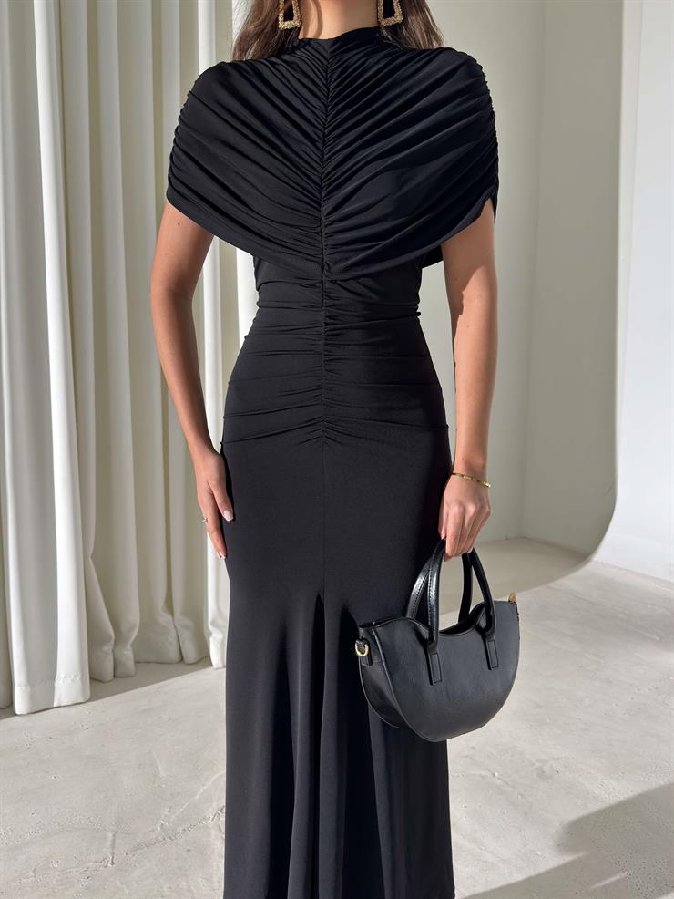 Drapeli Pelerin Dikim Viner Siyah Kadın Elbise 26Y003