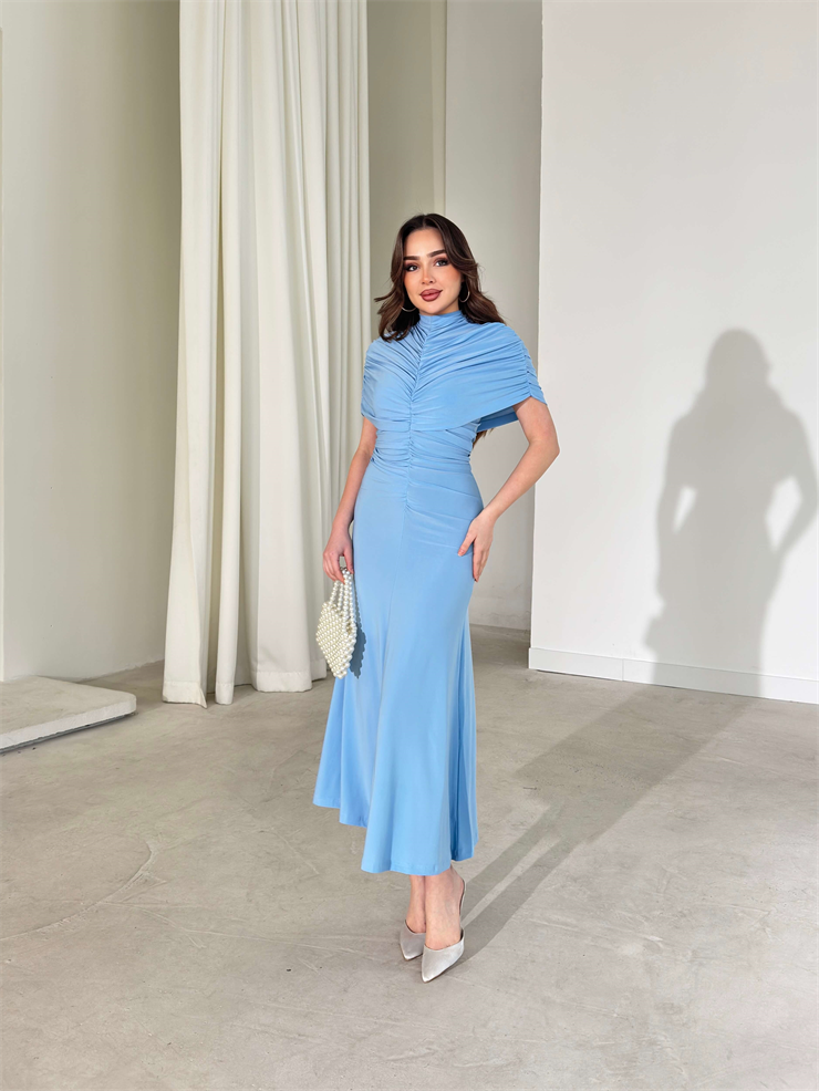 Drapeli Pelerin Dikim Viner Mavi Kadın Elbise 26Y003