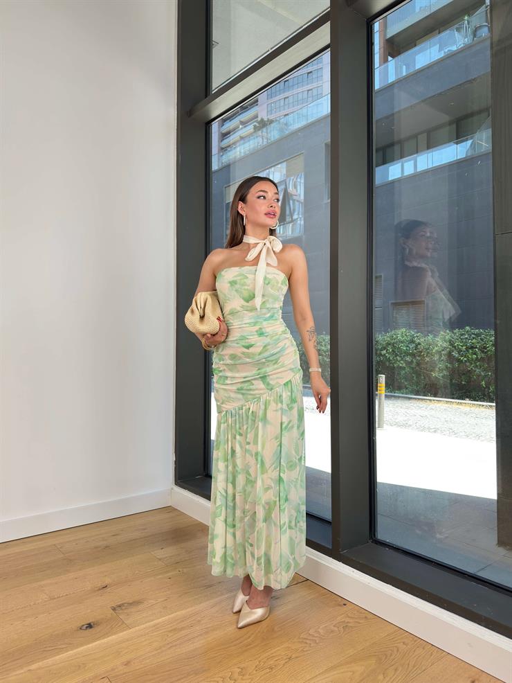 Strapelez Drapeli Vinfast Yeşil Kadın Çiçekli Elbise 25Y457