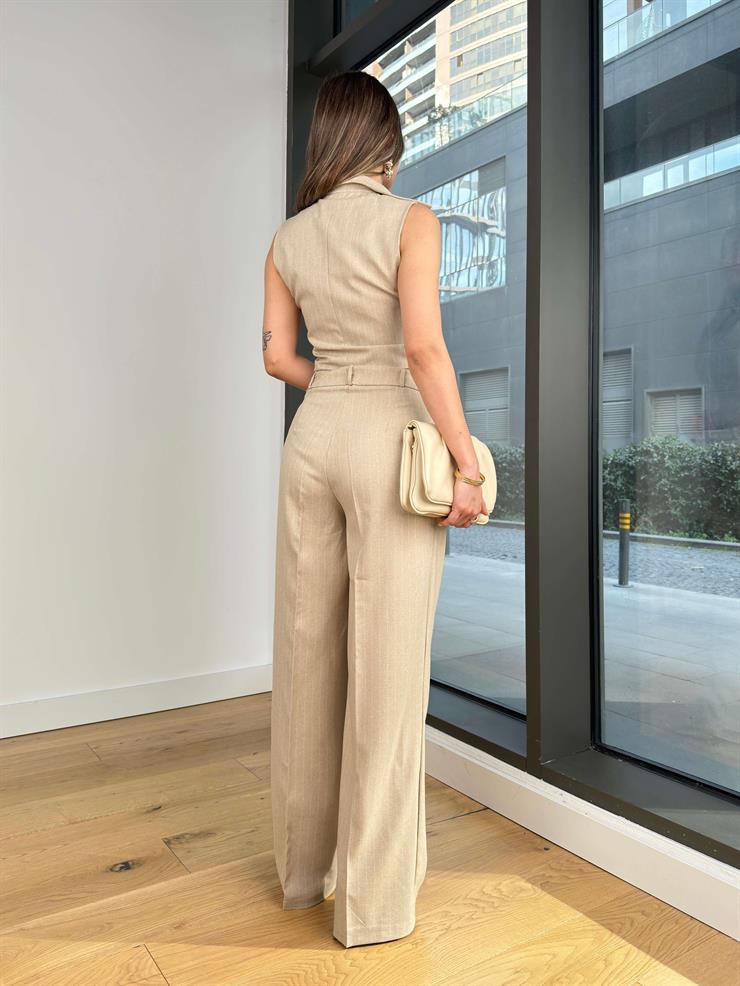 Düğme Kapamalı Crop Yelek Yüksek Bel Pens Detaylı Bol Paça Pantolon Vint Bej Kadın Takım 25Y124