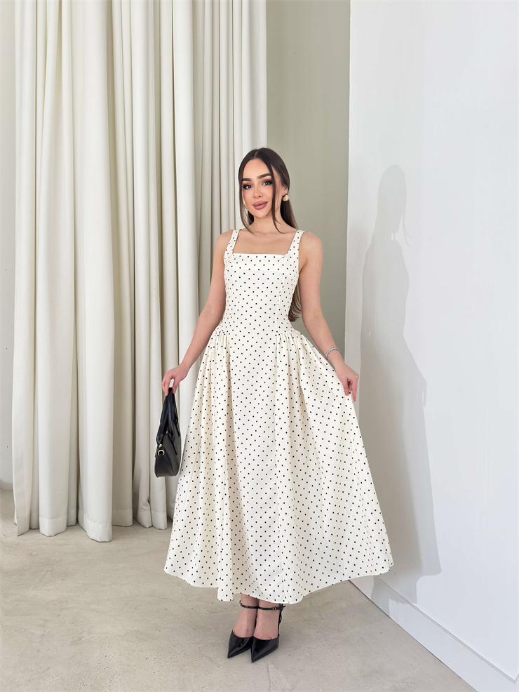 Kare Yaka Puantiyeli Kalın Askılı Yandan Drape Detaylı Ekru Midi Violet Kadın Elbise 26Y125