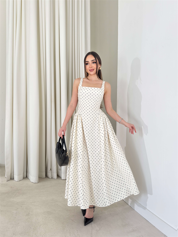 Kare Yaka Puantiyeli Kalın Askılı Yandan Drape Detaylı Ekru Midi Violet Kadın Elbise 26Y125