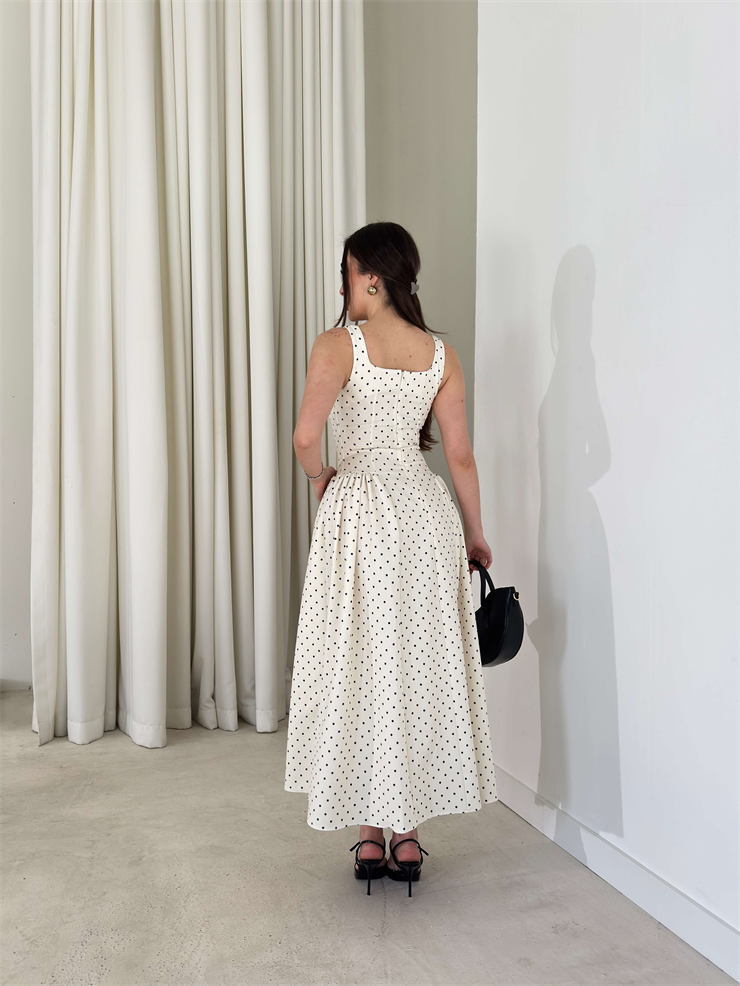 Kare Yaka Puantiyeli Kalın Askılı Yandan Drape Detaylı Ekru Midi Violet Kadın Elbise 26Y125