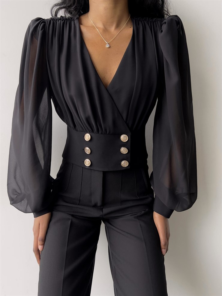 Kruvaze Yaka Uzun Tül Kol Vita Kadın Siyah Bluz 23K000309