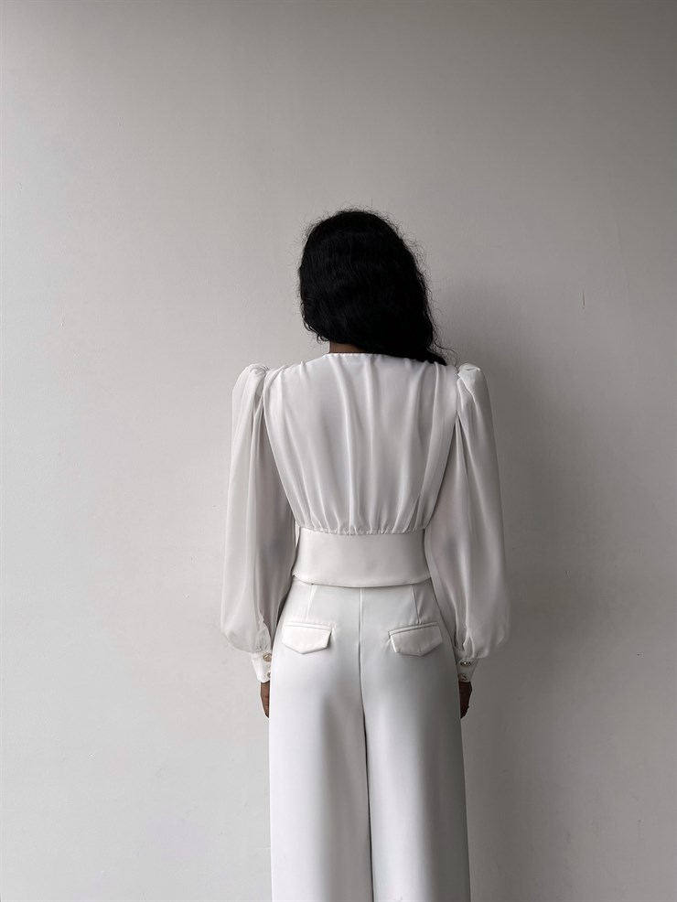 Kruvaze Yaka Uzun Tül Kol Vita Kadın Beyaz Bluz 23K000309