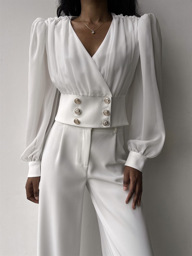 Kruvaze Yaka Uzun Tül Kol Vita Kadın Beyaz Bluz 23K000309