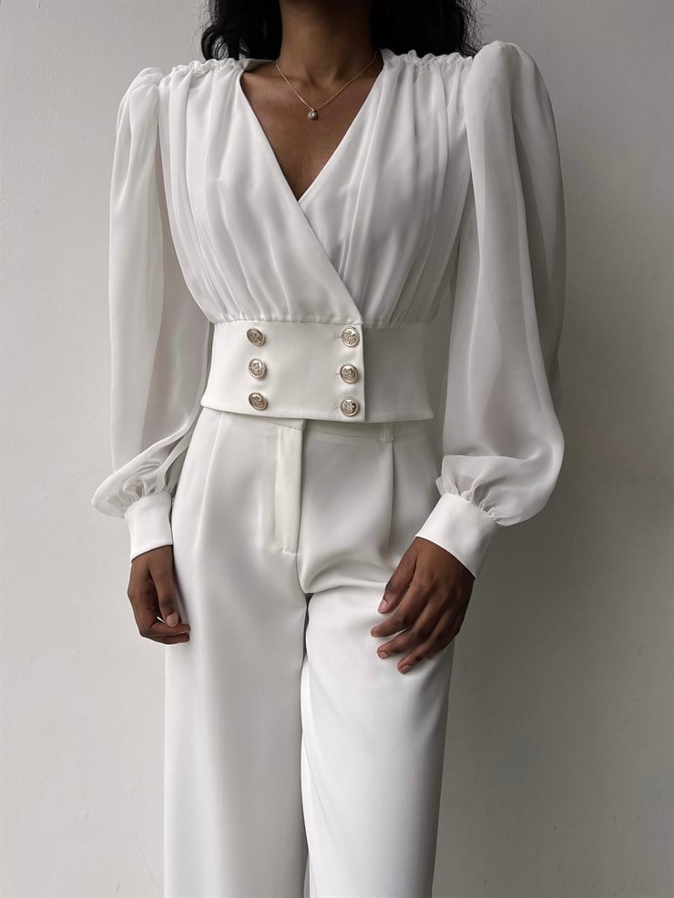 Kruvaze Yaka Uzun Tül Kol Vita Kadın Beyaz Bluz 23K000309