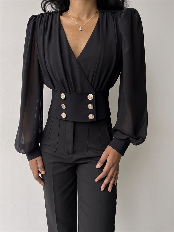 Kruvaze Yaka Uzun Tül Kol Vita Kadın Siyah Bluz 23K000309