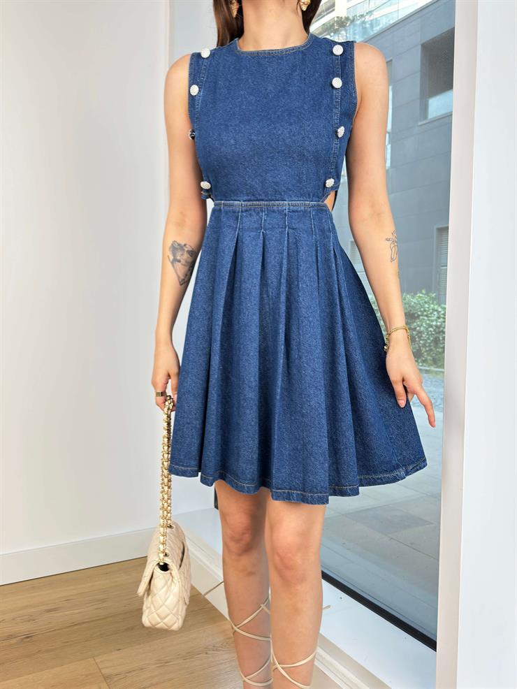 Kolsuz Beli Pencere Detaylı Düğme Aksesuarlı Vıva Kadın Mavi Mini Kot Elbise 24Y636