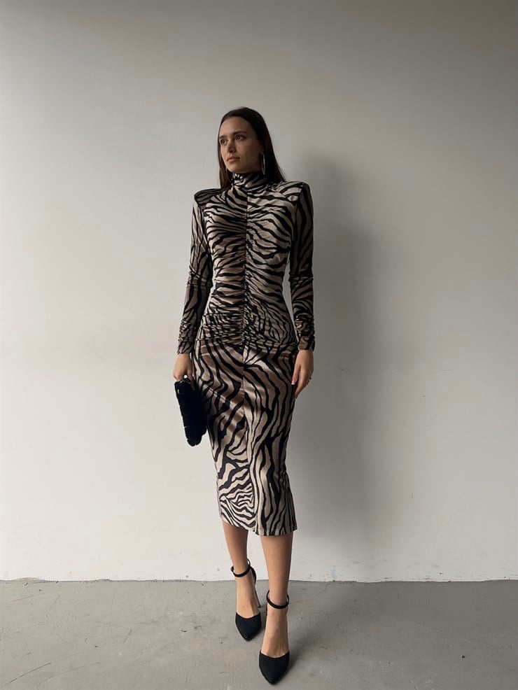 Balıkçı Yaka Uzun Kol Viviana Kadın Midi Bej Elbise 23K000352