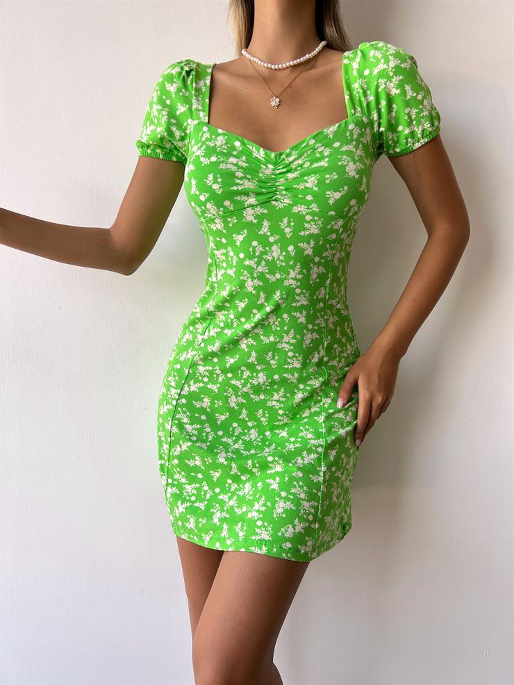 Önü Büzgülü Kısa Kol Sırtı Çapraz Bağlamalı Vivon Kadın Çiçekli Yeşil Mini Elbise 23Y000353