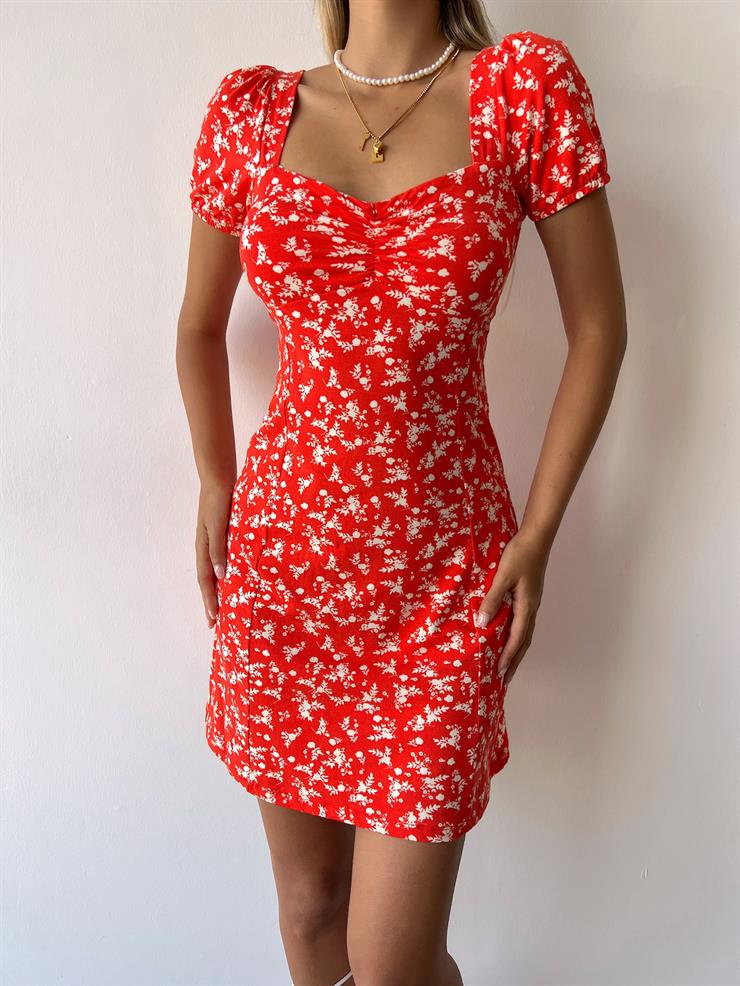 Önü Büzgülü Kısa Kol Sırtı Çapraz Bağlamalı Vivon Kadın Çiçekli Kırmızı Mini Elbise 23Y000353