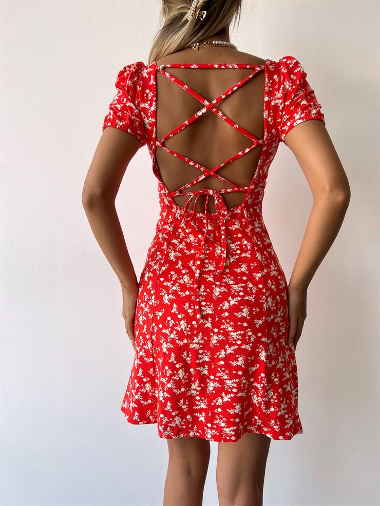 Önü Büzgülü Kısa Kol Sırtı Çapraz Bağlamalı Vivon Kadın Çiçekli Kırmızı Mini Elbise 23Y000353