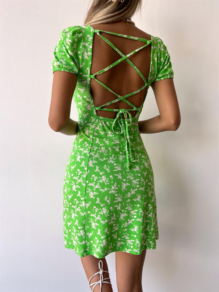 Önü Büzgülü Kısa Kol Sırtı Çapraz Bağlamalı Vivon Kadın Çiçekli Yeşil Mini Elbise 23Y000353