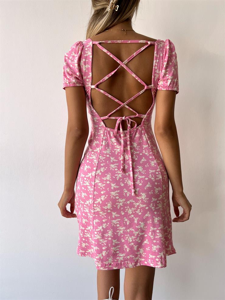 Önü Büzgülü Kısa Kol Sırtı Çapraz Bağlamalı Vivon Kadın Çiçekli Pembe Mini Elbise 23Y000353