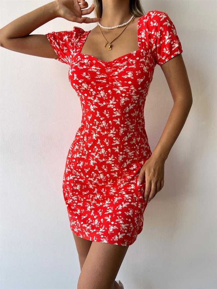 Önü Büzgülü Kısa Kol Sırtı Çapraz Bağlamalı Vivon Kadın Çiçekli Kırmızı Mini Elbise 23Y000353