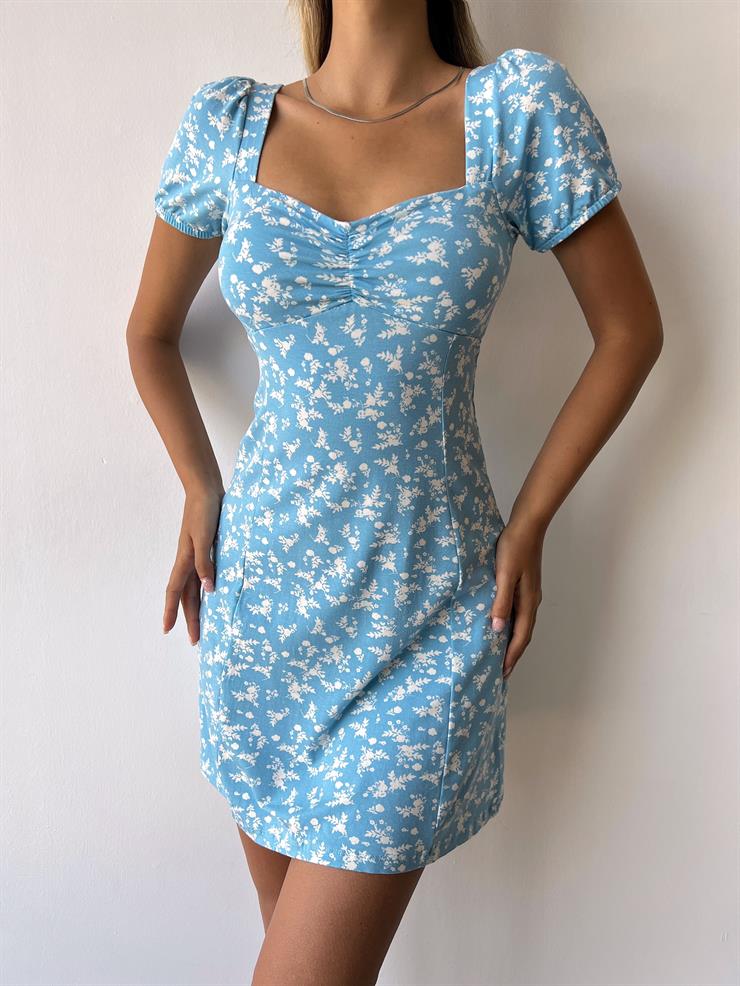 Önü Büzgülü Kısa Kol Sırtı Çapraz Bağlamalı Vivon Kadın Çiçekli Mavi Mini Elbise 23Y000353