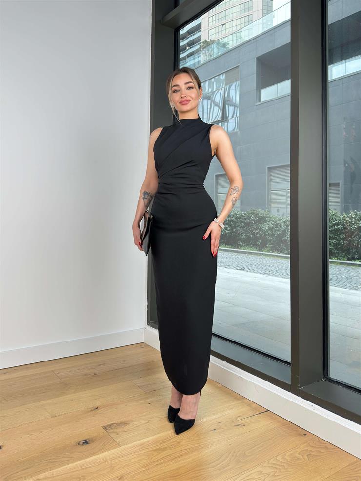 Yarım Boğazlı Drapeli Viyüv Siyah Kadın Elbise 25Y114