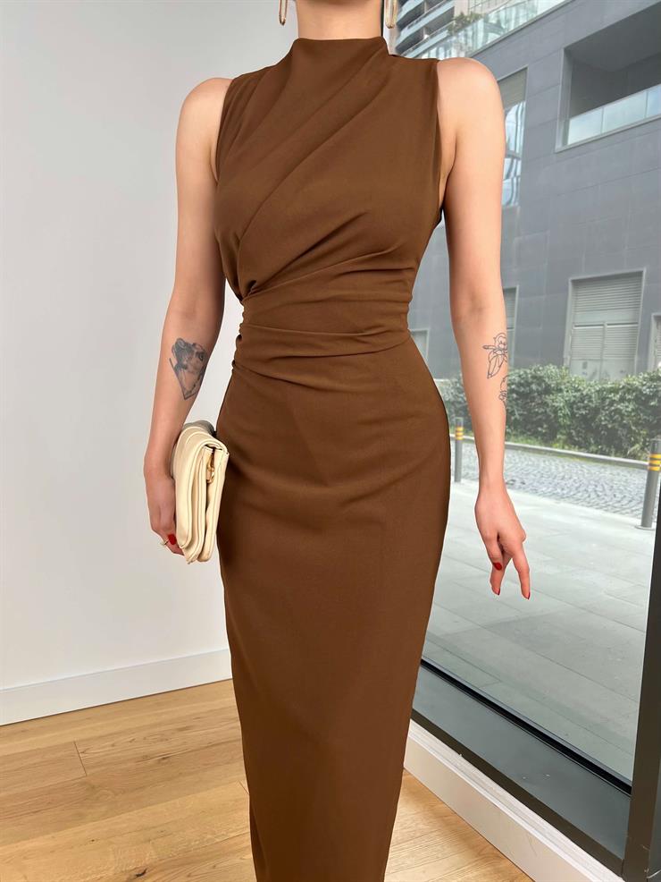 	Yarım Boğazlı Drapeli Viyüv Kahve Kadın Elbise 25Y114