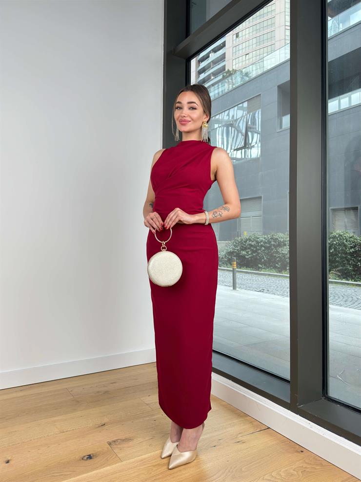 Yarım Boğazlı Drapeli Viyüv Bordo Kadın Elbise 25Y114