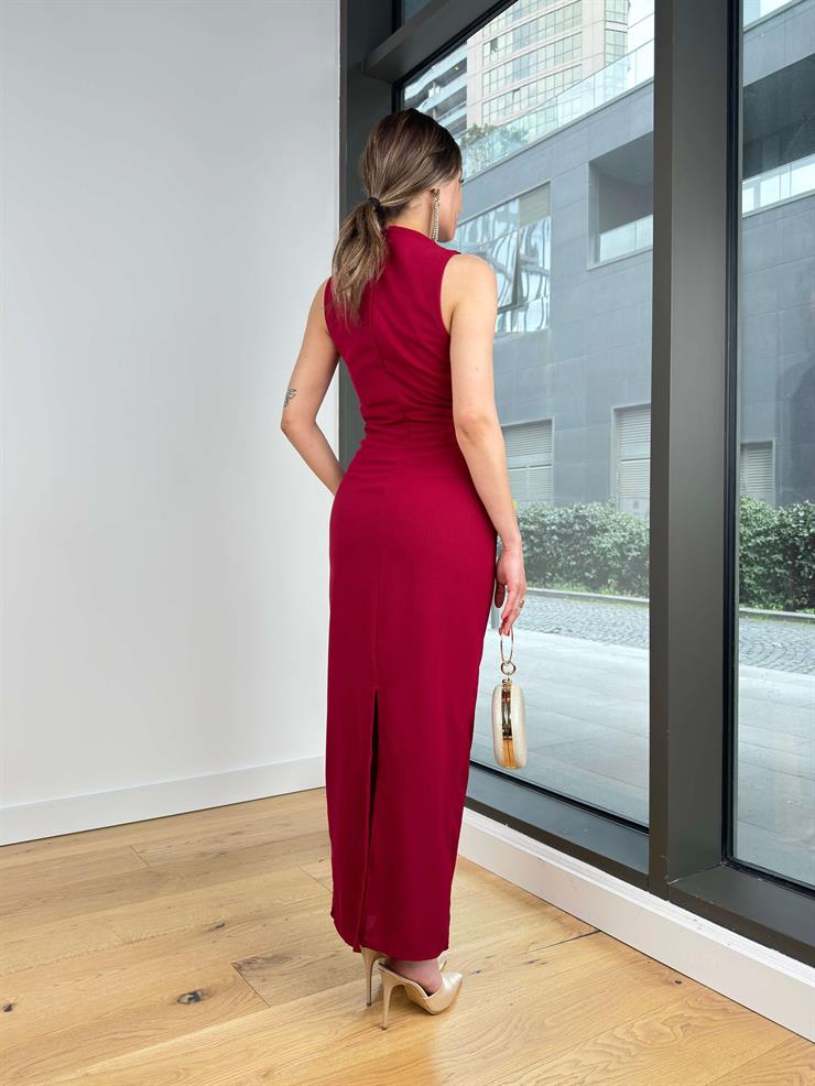 Yarım Boğazlı Drapeli Viyüv Bordo Kadın Elbise 25Y114