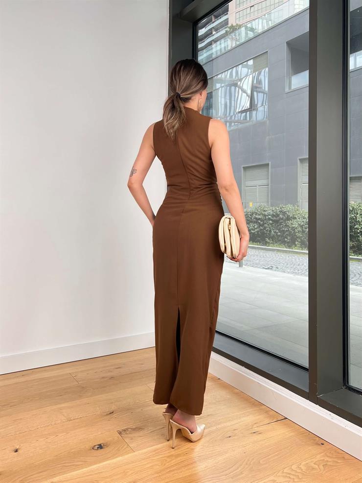 	Yarım Boğazlı Drapeli Viyüv Kahve Kadın Elbise 25Y114