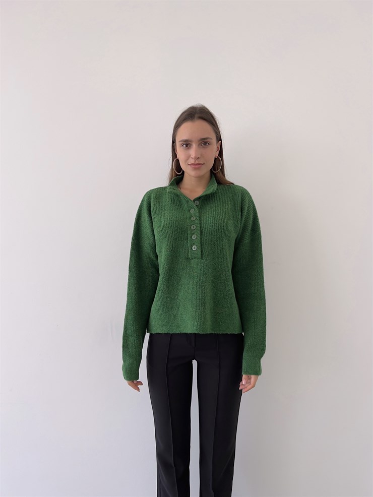 Ön Düğme Kapamalı Vlad Kadın Yeşil Triko Kazak 23K000277