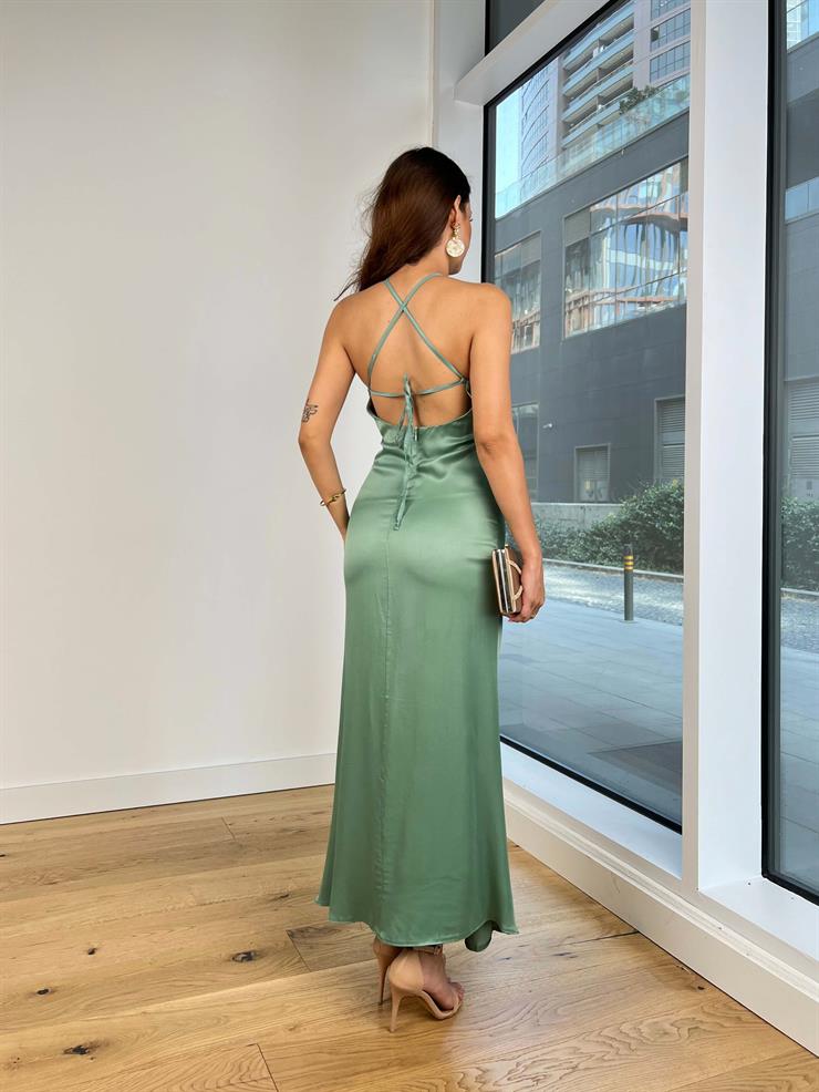 Sırt Dekolteli Askısı Arkadan Bağlamalı Çiçekli Vlas Kadın Mint Saten Elbise 25K023