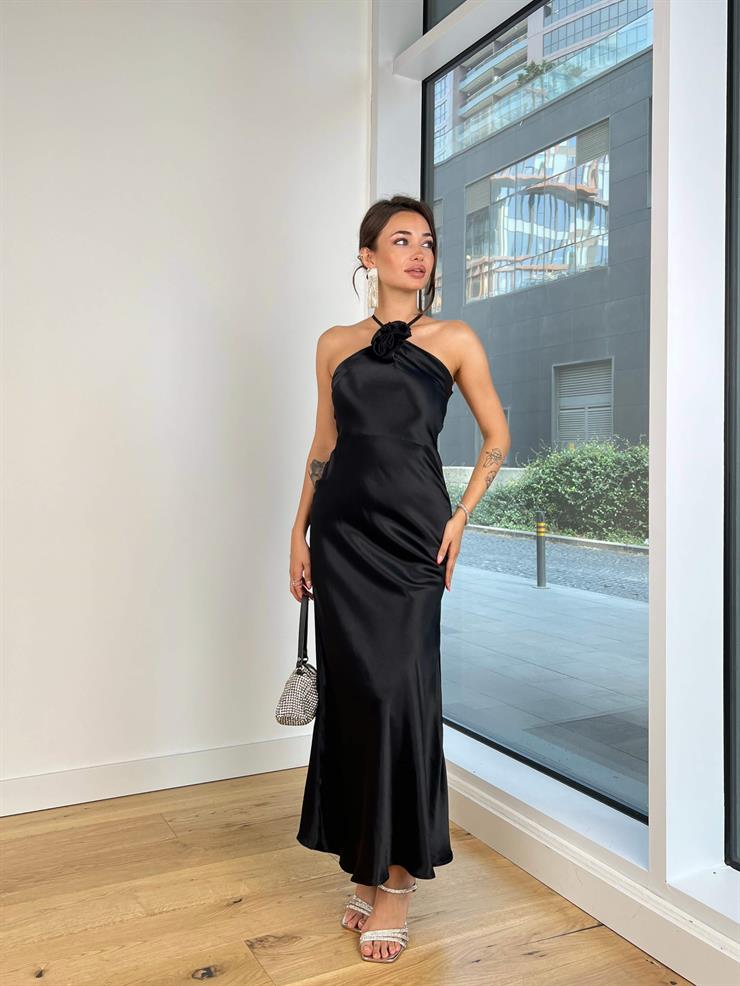 Sırt Dekolteli Askısı Arkadan Bağlamalı Çiçekli Vlas Kadın Siyah Saten Elbise 25K023