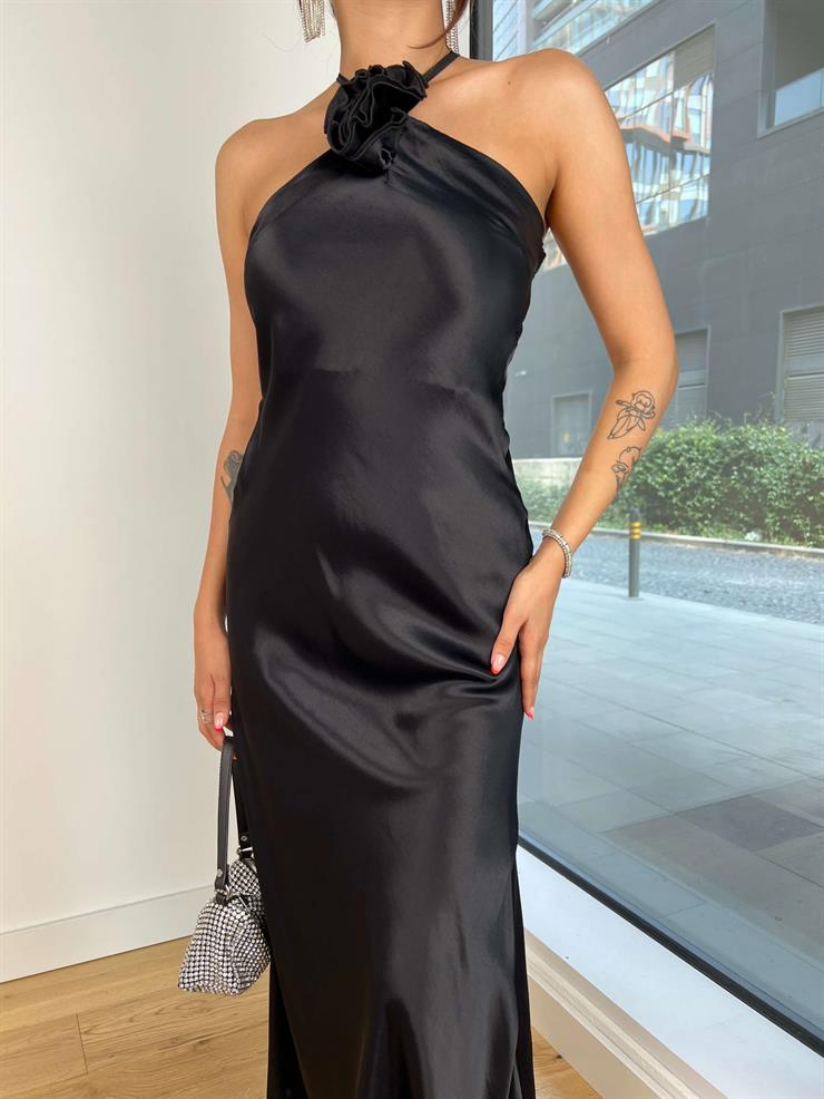 Sırt Dekolteli Askısı Arkadan Bağlamalı Çiçekli Vlas Kadın Siyah Saten Elbise 25K023