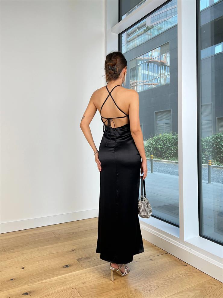 Sırt Dekolteli Askısı Arkadan Bağlamalı Çiçekli Vlas Kadın Siyah Saten Elbise 25K023