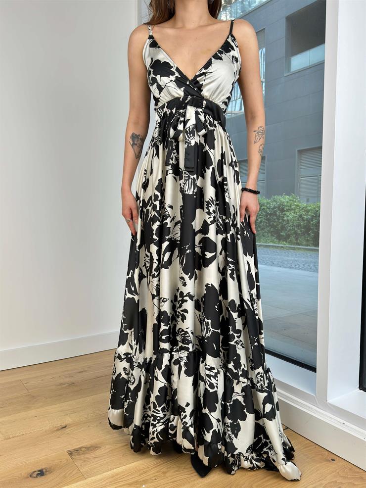 V Yaka Ayarlanabilir Askılı Arası Gipeli Vlasta Kadın Çiçekli Siyah Maxi Elbise 24Y503
