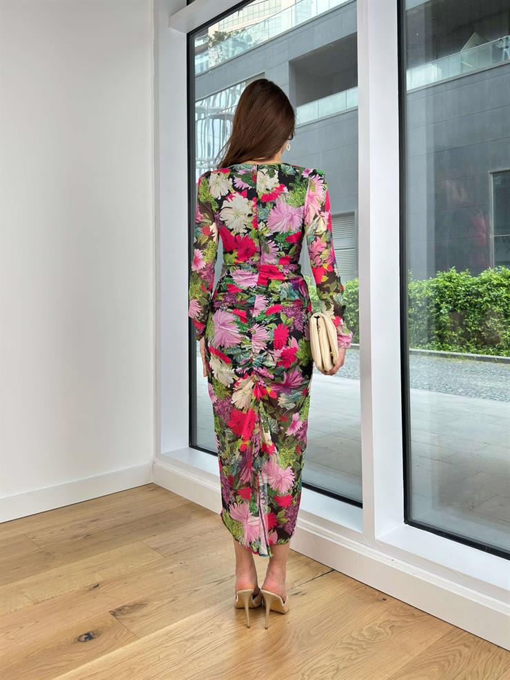 V Yaka Drapeli Vojta Kadın Renkli Midi Elbise 24Y462