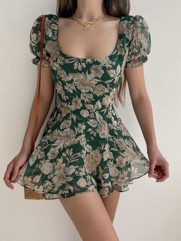 Volanlı Sırtı V Model Dekolteli Ve Kuşaklı Jolie Kadın Yeşil Şort Tulum 22Y000209