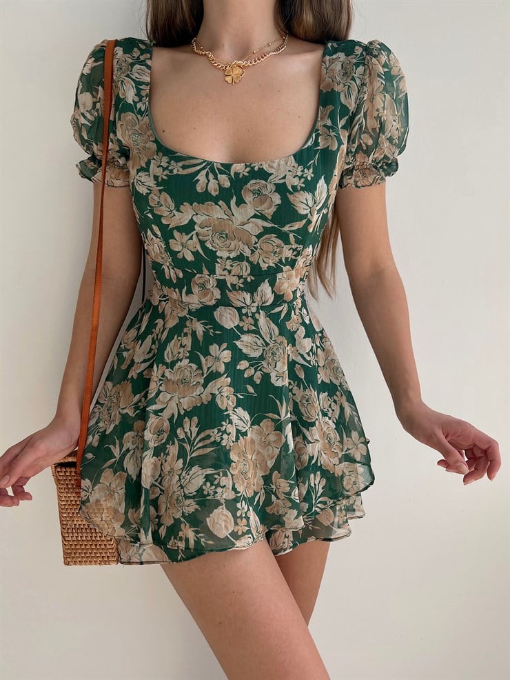 Volanlı Sırtı V Model Dekolteli Ve Kuşaklı Jolie Kadın Yeşil Şort Tulum 22Y000209