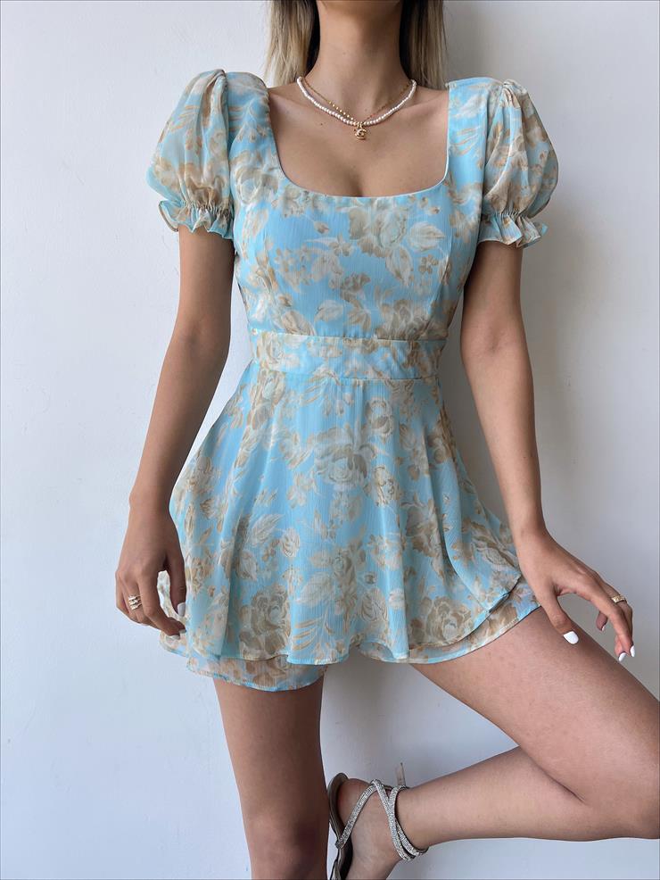 Volanlı Sırtı V Model Dekolteli Ve Kuşaklı Jolie Kadın Mavi Şort Tulum 22Y000209