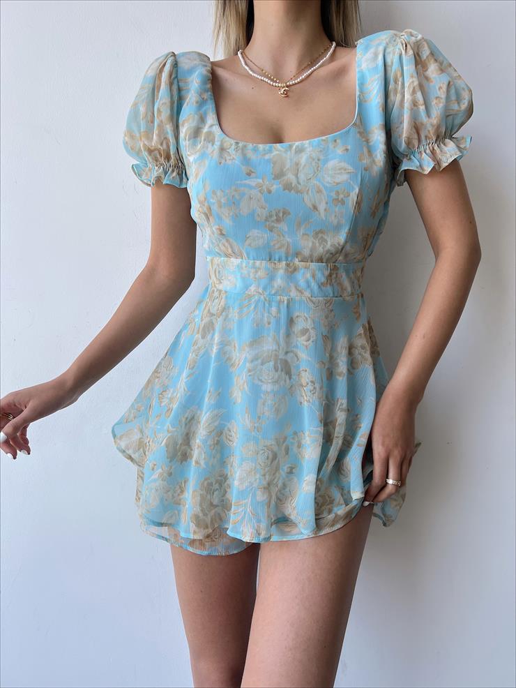 Volanlı Sırtı V Model Dekolteli Ve Kuşaklı Jolie Kadın Mavi Şort Tulum 22Y000209