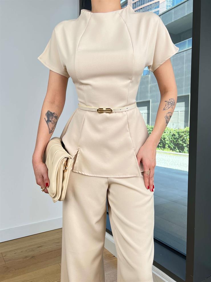 Kısa Kol Beli Kemerli Bol Paça Vörb Taş Kadın Tulum 25Y117