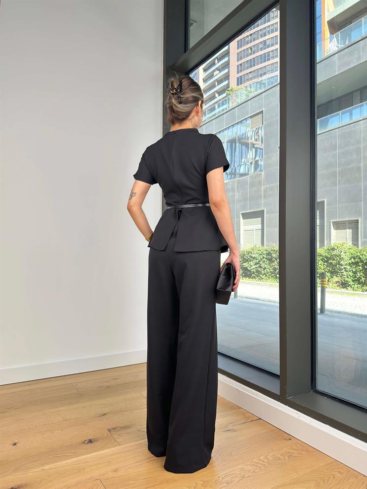 Kısa Kol Beli Kemerli Bol Paça Vörb Siyah Kadın Tulum 25Y117