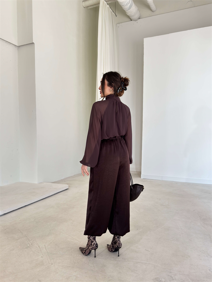 Paçası Düğmeli Beli Lastikli Vorum Kahve Kadın Pantolon 26Y047