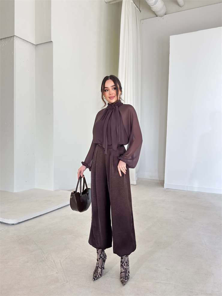 Paçası Düğmeli Beli Lastikli Vorum Kahve Kadın Pantolon 26Y047