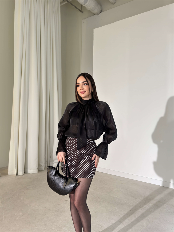 Transparan Boyundan Fularlı Parlak Kumaş Kolları Lastikli Walde Siyah Kadın Bluz 26Y112