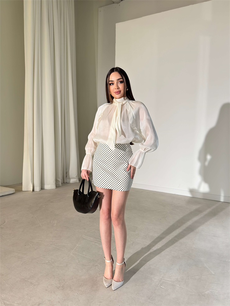 Transparan Boyundan Fularlı Parlak Kumaş Kolları Lastikli Walde Ekru Kadın Bluz 26Y112