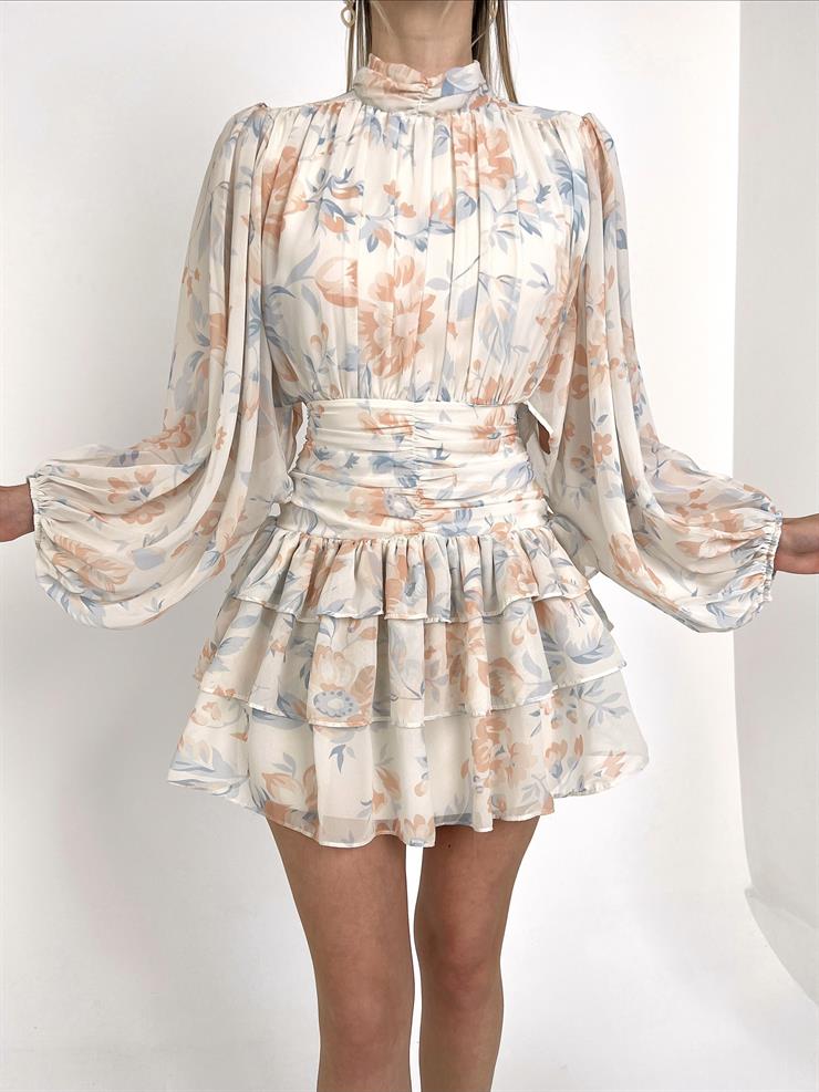 Yarım Boğazlı Ön Ve Bel Kısmı Büzgü Detaylı Sırt Dekolteli Wang Kadın Ekru Mini Tül Elbise 23Y000130