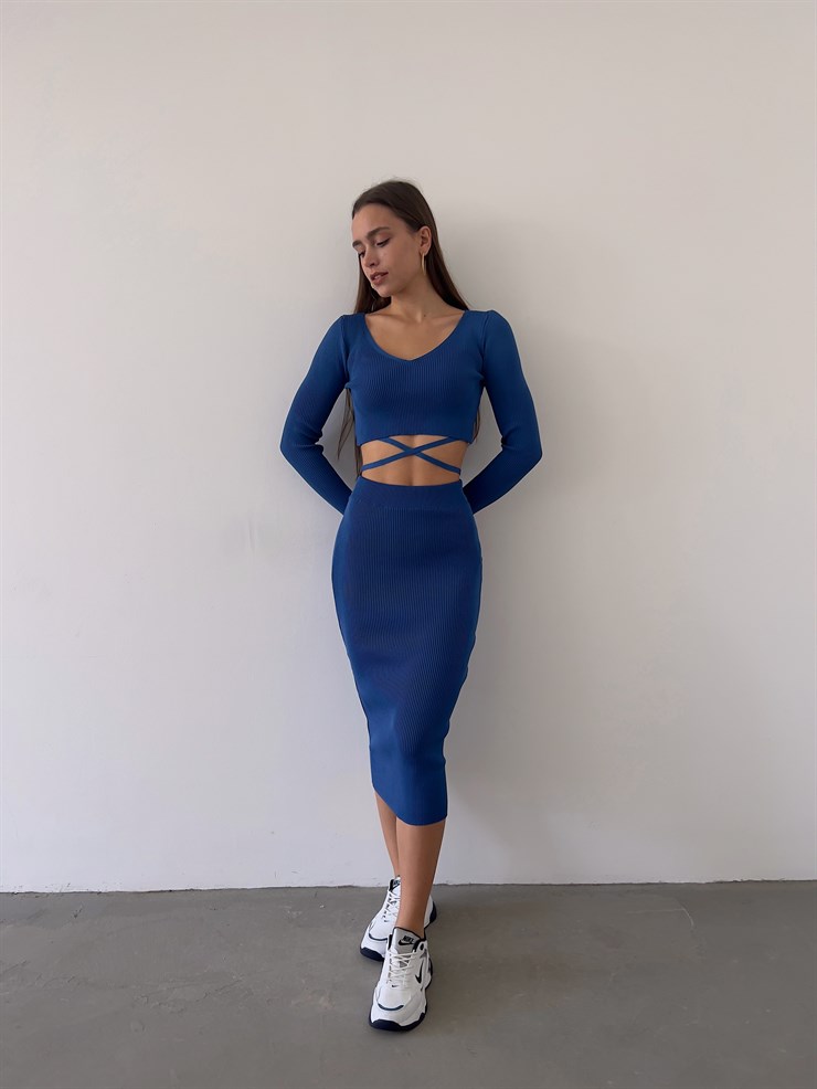 V Yaka Bel Bağlama Detay Fitilli Eteği Midi Wayne Kadın Saks Takım 23K000266