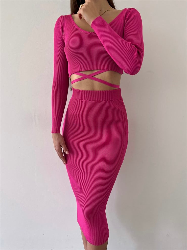 V Yaka Bel Bağlama Detay Fitilli Eteği Midi Wayne Kadın Fuşya Takım 23K000266