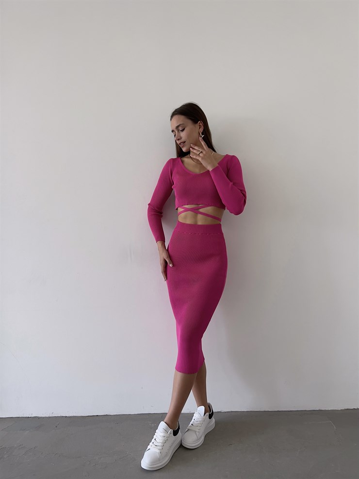 V Yaka Bel Bağlama Detay Fitilli Eteği Midi Wayne Kadın Fuşya Takım 23K000266