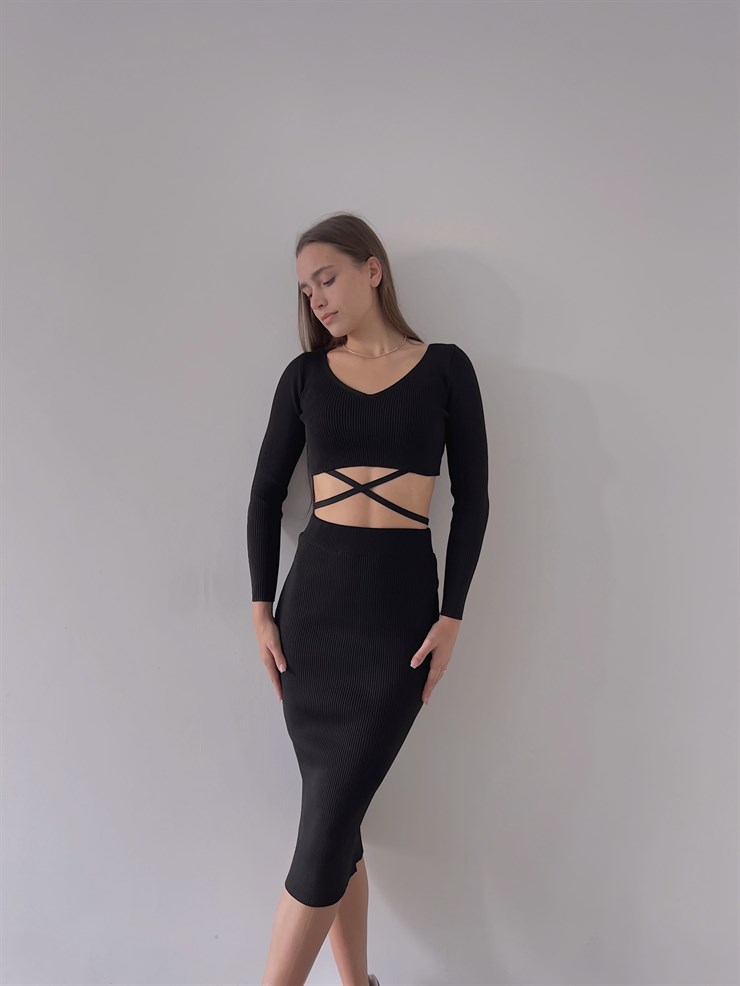 V Yaka Bel Bağlama Detay Fitilli Eteği Midi Wayne Kadın Siyah Takım 23K000266