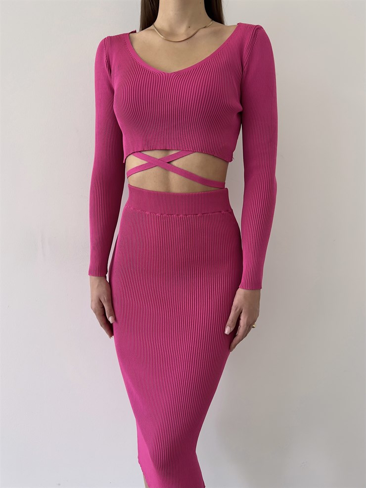 V Yaka Bel Bağlama Detay Fitilli Eteği Midi Wayne Kadın Fuşya Takım 23K000266